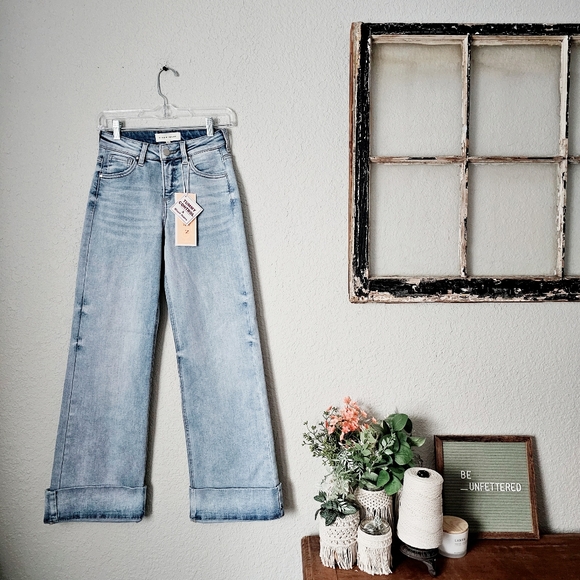 Risen High Rise Tummy Control Light Wash Wide Leg Cuffed Denim Jeans Various NEW - Picture 8 of 17